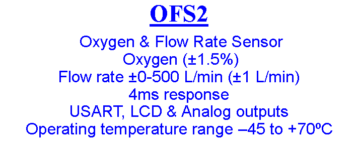 Text Box: OFS2  Oxygen & Flow Rate Sensor  Oxygen (1.5%)Flow rate 0-500 L/min (1 L/min)4ms responseUSART, LCD & Analog outputs Operating temperature range 45 to +70C