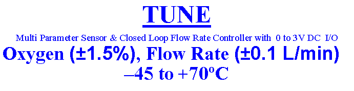 Text Box: TUNE Multi Parameter Sensor & Closed Loop Flow Rate Controller with  0 to 3V DC  I/OOxygen (1.5%), Flow Rate (0.1 L/min)45 to +70C