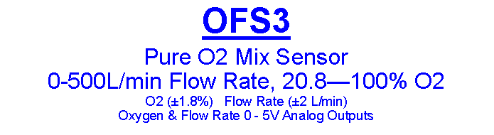 Text Box: OFS3 Pure O2 Mix Sensor 0-500L/min Flow Rate, 20.8—100% O2 O2 (±1.8%)   Flow Rate (±2 L/min) Oxygen & Flow Rate 0 - 5V Analog Outputs 