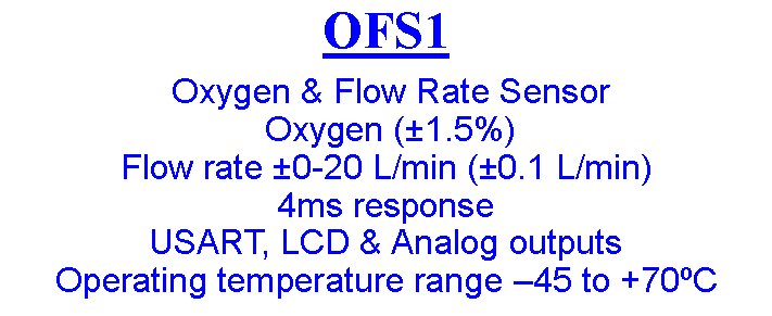 Text Box: OFS1  Oxygen & Flow Rate Sensor  Oxygen (±1.5%)Flow rate ±0-20 L/min (±0.1 L/min)4ms responseUSART, LCD & Analog outputs Operating temperature range –45 to +70ºC