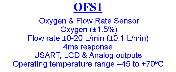 Text Box: OFS1  Oxygen & Flow Rate Sensor  Oxygen (1.5%)Flow rate 0-20 L/min (0.1 L/min)4ms responseUSART, LCD & Analog outputs Operating temperature range 45 to +70C